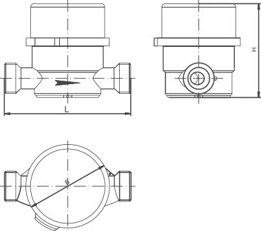 Схема габаритных размеров водосчётчиков крыльчатых универсальных с антимагнитной защитой МЕТЕР СВ
